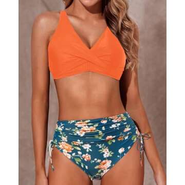 Aqua Eve Women High Waisted Bikini Twist Front Swimsuits Lace up Bikini Tops Ruched Push up 2 Piece Bathing Suits Orange Floral M