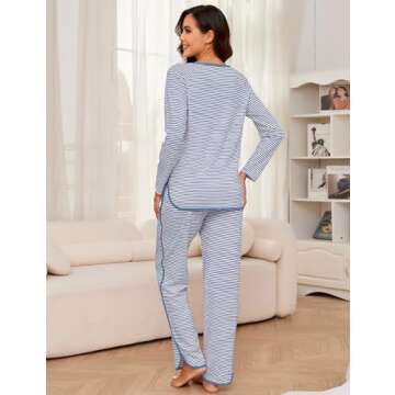 Namatime Womens Cotton Pajama Sets 2 Piece Lounge Set Stripe Long Sleeve Comfy Pj Set Spring Loungewear Sleepwear with Pockets Soft Maternity Pajamas 2025 Blue S