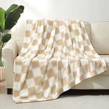 Cozy Bliss Beige Checkered Throw Blanket Ultra Soft Warm MilkyPlush™ Fleece Blanket Checkerboard G...