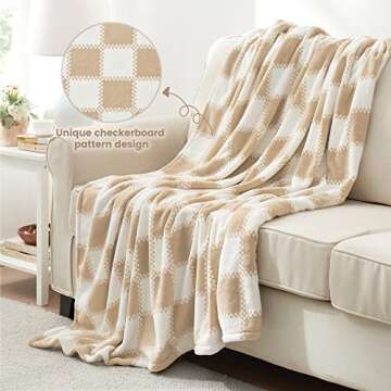 Cozy Bliss Beige Checkered Throw Blanket Ultra Soft Warm MilkyPlush™ Fleece Blanket Checkerboard Grid Plush Blanket for Couch Bed Sofa, Beige 50"x60"