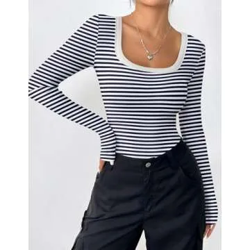 Zeagoo Long Sleeve Tops for Women Blue and White Striped Shirts Fitted Rib Knit T Shirt Basic Tee Undershirt