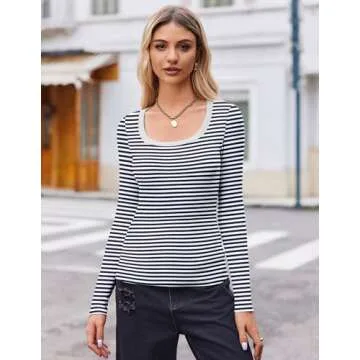Zeagoo Long Sleeve Tops for Women Blue and White Striped Shirts Fitted Rib Knit T Shirt Basic Tee Undershirt