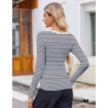 Zeagoo Long Sleeve Tops for Women Blue and White Striped Shirts Fitted Rib Knit T Shirt Basic Tee Undershirt