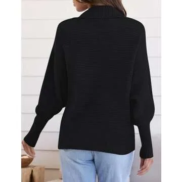 ZESICA Women's Fall Lapel Collar V Neck Long Sleeve Ribbed Knit Comfy Loose Casual Pullover Sweater Jumper Top,DarkBlack,Large