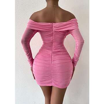 Yissang Women's Sexy Glitter Deep V Neck Long Sleeve Bodycon Ruched Cocktail Party Mini Dress Pink Small