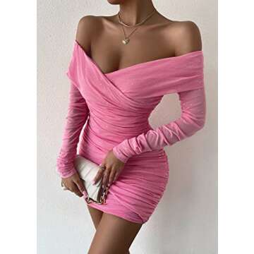 Yissang Women's Sexy Glitter Deep V Neck Long Sleeve Bodycon Ruched Cocktail Party Mini Dress Pink Small
