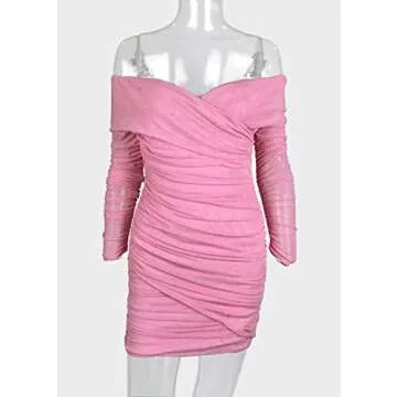 Yissang Women's Sexy Glitter Deep V Neck Long Sleeve Bodycon Ruched Cocktail Party Mini Dress Pink Small