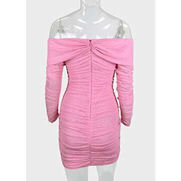 Yissang Women's Sexy Glitter Deep V Neck Long Sleeve Bodycon Ruched Cocktail Party Mini Dress Pink Small
