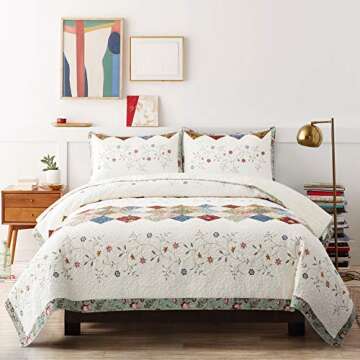 ANNA Z HOME & DESIGN Emily 3 PC Quilt Set. Real Hand-Made Pieced Patchwork and Embroidery Quilt. 100% Cotton Face Fabrics. Transitional Look, Pre-Washed, Soft. Allover Quilted. (Multicolor, Queen)