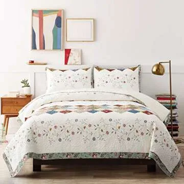 ANNA Z HOME & DESIGN Emily 3 PC Quilt Set. Real Hand-Made Pieced Patchwork and Embroidery Quilt. 100% Cotton Face Fabrics. Transitional Look, Pre-Washed, Soft. Allover Quilted. (Multicolor, Queen)
