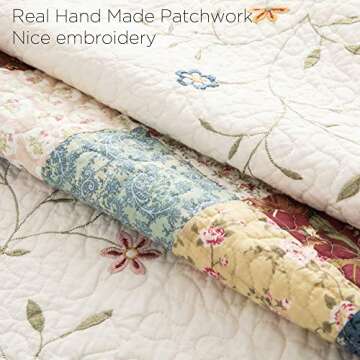 ANNA Z HOME & DESIGN Emily 3 PC Quilt Set. Real Hand-Made Pieced Patchwork and Embroidery Quilt. 100% Cotton Face Fabrics. Transitional Look, Pre-Washed, Soft. Allover Quilted. (Multicolor, Queen)