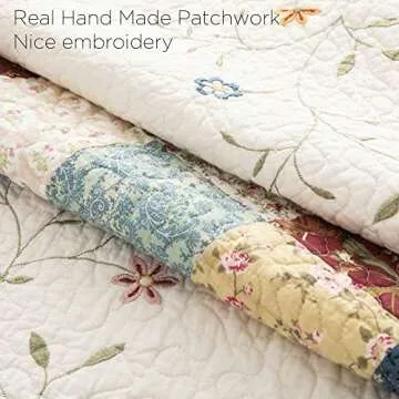 ANNA Z HOME & DESIGN Emily 3 PC Quilt Set. Real Hand-Made Pieced Patchwork and Embroidery Quilt. 100% Cotton Face Fabrics. Transitional Look, Pre-Washed, Soft. Allover Quilted. (Multicolor, Queen)
