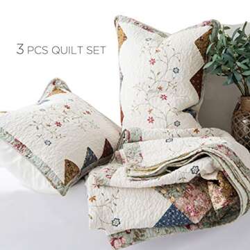 ANNA Z HOME & DESIGN Emily 3 PC Quilt Set. Real Hand-Made Pieced Patchwork and Embroidery Quilt. 100% Cotton Face Fabrics. Transitional Look, Pre-Washed, Soft. Allover Quilted. (Multicolor, Queen)