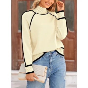 NALANISA Women's Mock Turtleneck Sweaters 2024 Fall Winter Casual Long Sleeve Color Block Pullover Sweater Soft Knitted Tops(Beige,L)