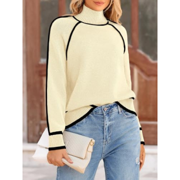 NALANISA Women's Mock Turtleneck Sweaters 2024 Fall Winter Casual Long Sleeve Color Block Pullover Sweater Soft Knitted Tops(Beige,L)