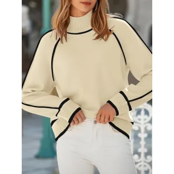 NALANISA Women's Mock Turtleneck Sweaters 2024 Fall Winter Casual Long Sleeve Color Block Pullover Sweater Soft Knitted Tops(Beige,L)