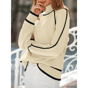 NALANISA Women's Mock Turtleneck Sweaters 2024 Fall Winter Casual Long Sleeve Color Block Pullover Sweater Soft Knitted Tops(Beige,L)