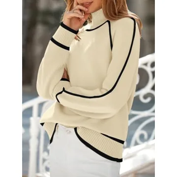 NALANISA Women's Mock Turtleneck Sweaters 2024 Fall Winter Casual Long Sleeve Color Block Pullover Sweater Soft Knitted Tops(Beige,L)