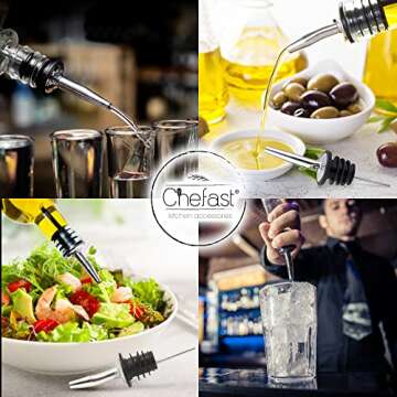 Chefast Bottle Pourers Set: 8 Stainless Steel Pour Spouts, 10 Long Dust Cap, 2 Cocktail Picks, Brush and Storage Bag - Metal Toppers for Liquor Spout Pourer, Oil and Vinegar Dispenser