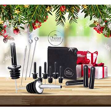 Chefast Bottle Pourers Set: 8 Stainless Steel Pour Spouts, 10 Long Dust Cap, 2 Cocktail Picks, Brush and Storage Bag - Metal Toppers for Liquor Spout Pourer, Oil and Vinegar Dispenser