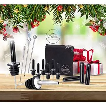 Chefast Bottle Pourers Set: 8 Stainless Steel Pour Spouts, 10 Long Dust Cap, 2 Cocktail Picks, Brush and Storage Bag - Metal Toppers for Liquor Spout Pourer, Oil and Vinegar Dispenser