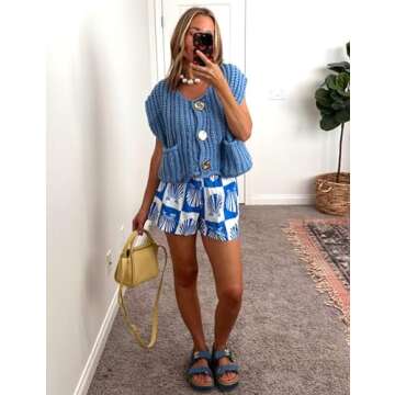 Hvewarm Womens Casual Chunky Knit Vest Gold Button Down Crop Crochet Sleeveless Sweater Vest (Blue-S...