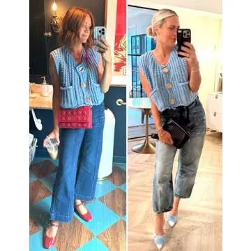 Hvewarm Womens Casual Chunky Knit Vest Gold Button Down Crop Crochet Sleeveless Sweater Vest (Blue-S)