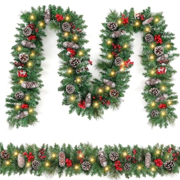 9FT Christmas Garland with LED Lights, Pine Cones & Berries for Holiday Decor