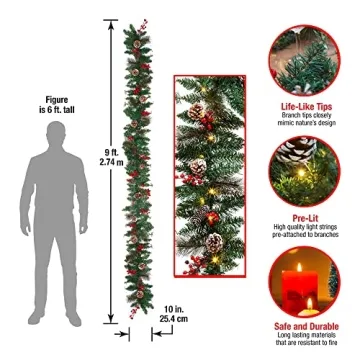 9FT Christmas Garland - Battery Operated Floral Decoration