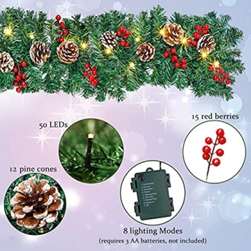 9FT Christmas Garland - Battery Operated Floral Decoration
