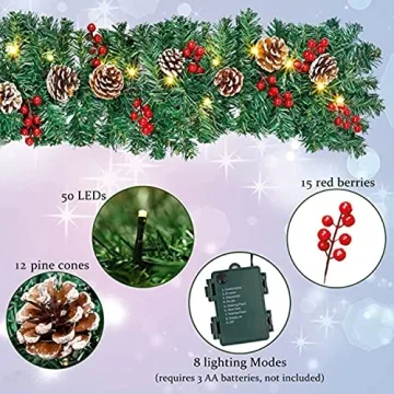 9FT Christmas Garland - Battery Operated Floral Decoration