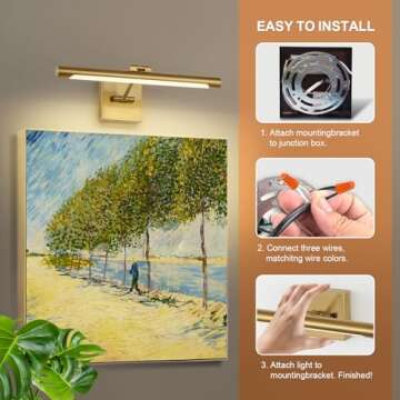 Joosenhouse LED Picture Light Fixtures Dimmable 16.53" Inch Modern Metal Artwork Hallway Lamps with Single Swing Arm, 7W (50W Eqv.), Hardwired Connection, Warm White, CRI80+, Golden-Like Brass Finish