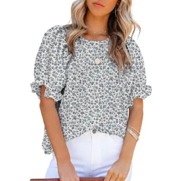 Dokotoo Women's Floral Print Round Neck Smocked Puff Sleeve Blouse 2024