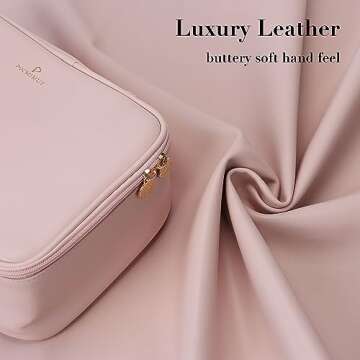 Pocmimut Makeup Bag,PU Leather Make Up Bag Cosmetic Bag,Large Makeup Bag with Brush Holder for Women(Pink)