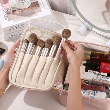 Pocmimut Makeup Bag,PU Leather Make Up Bag Cosmetic Bag,Large Makeup Bag with Brush Holder for Women(Pink)