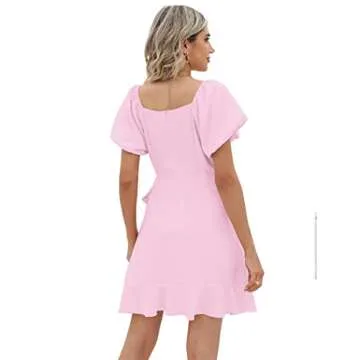 SAMPEEL Womens Chiffon Dresses Puff Sleeve Square Neck Flowy Casual Dress Homecoming Peach S