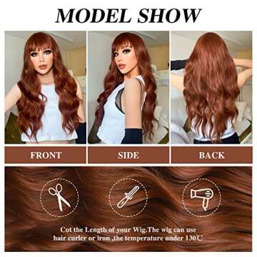 HANYUDIE Auburn Long Wavy Wig with Bangs for Women