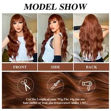 HANYUDIE Auburn Long Wavy Wig with Bangs for Women