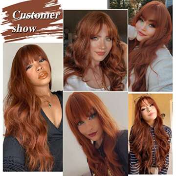 HANYUDIE Auburn Long Wavy Wig with Bangs for Women