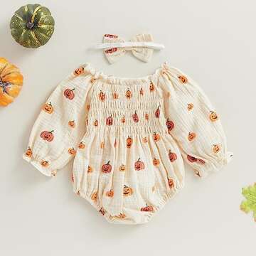 farrubbyine8 Baby Girl Halloween outfit Cute Pumpkin Romper Long Sleeve Bodysuit First Halloween Outfit Newborn Girl Fall Clothes (Beige, 0-6 Months)