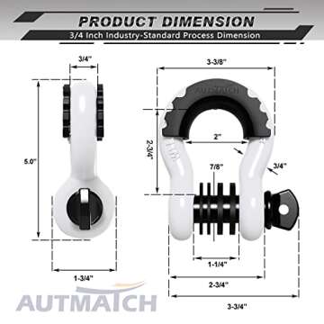 AUTMATCH D Ring Shackle 3/4" Shackles (2 Pack) 41,887Ibs Break Strength, Clevis Shackle with 7/8" Screw Pin and Shackle Isolator Washers Kit for Tow Strap Winch Off Road Vehicle Recovery, White