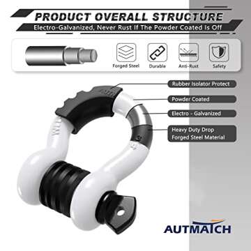 AUTMATCH D Ring Shackle 3/4" Shackles (2 Pack) 41,887Ibs Break Strength, Clevis Shackle with 7/8" Screw Pin and Shackle Isolator Washers Kit for Tow Strap Winch Off Road Vehicle Recovery, White