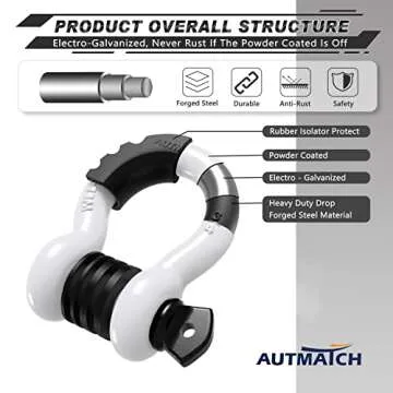 AUTMATCH D Ring Shackle 3/4" Shackles (2 Pack) 41,887Ibs Break Strength, Clevis Shackle with 7/8" Screw Pin and Shackle Isolator Washers Kit for Tow Strap Winch Off Road Vehicle Recovery, White