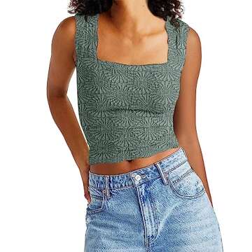 Labolliy Women Square Neck Crop Tank Tops Sleeveless Wide Strappy Lettuce Trim Going-Out Cami Vest Tops Celadon