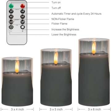 Luxurious Grey Glass Flameless Candles with Remote Timer