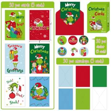 RINOLY Set of 30 Boxed Christmas Cards with Envelopes and Stickers, 6 Assorted Designs - Holiday Gre...