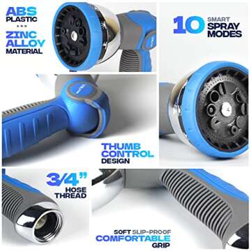 VYRL Garden Hose Nozzle Sprayer, ABS Water Hose Nozzle with Heavy Duty 10 Adjustable Watering Patterns, Thumb Control - Anti Slip Hose Sprayer Nozzles for Plants, Lawn, Washing Car & Pets.