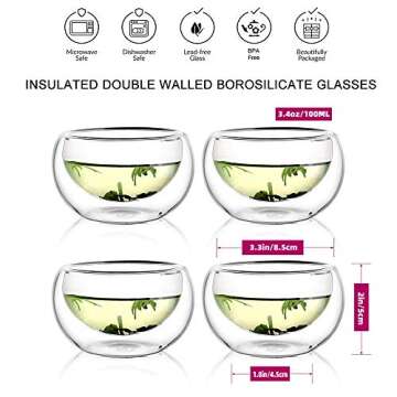 CNGLASS Double Wall Glass Tea Cup Set of 4,100ml Asian Insulated Clear Teacups,Small Espresso Cup for Coffee