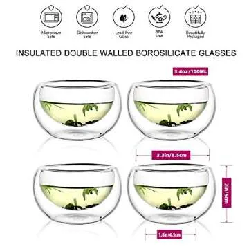 CNGLASS Double Wall Glass Tea Cup Set of 4,100ml Asian Insulated Clear Teacups,Small Espresso Cup for Coffee