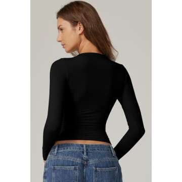 QINSEN Long Sleeve Shirts for Women Round Neck Basic Double Lined Tees Fitted Crop Tops Black M